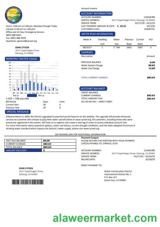 USA California Santa Ynez water utility bill template in Word and PDF format